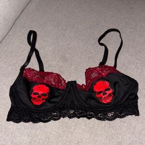 Black and Red Lace Skull Bra